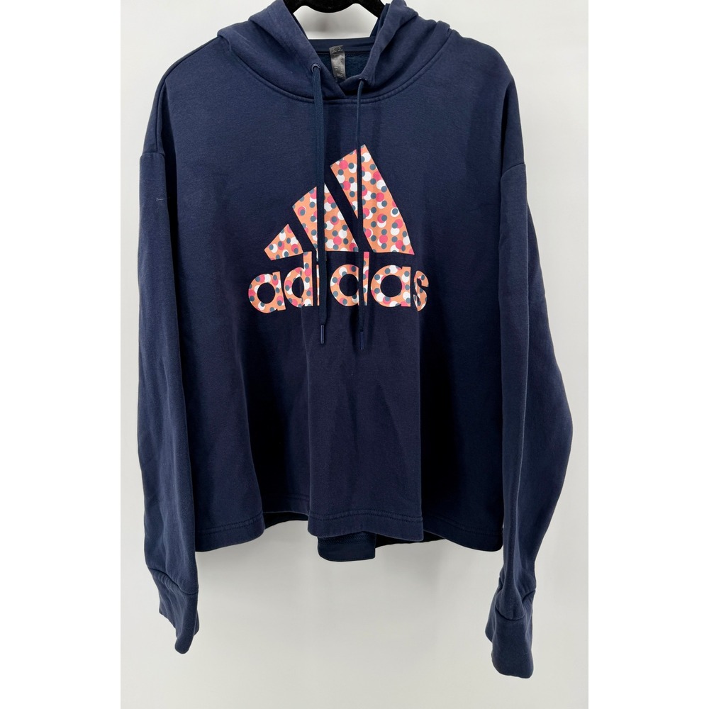 Adidas Womens Navy Blue Polka Dot Logo Fleece Hoodie Cropped Sweatshirt L